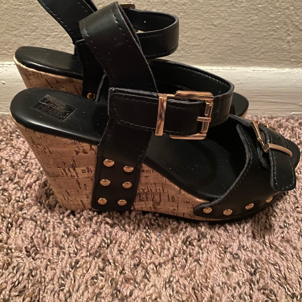 Black Wedge Sandals with Cork Heel